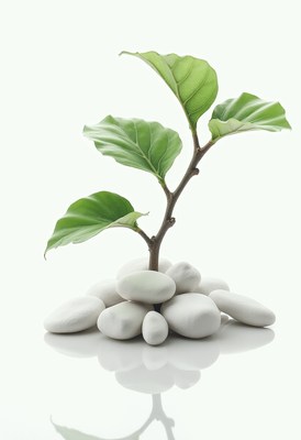 Plant growing from white pebbles on a reflective surface