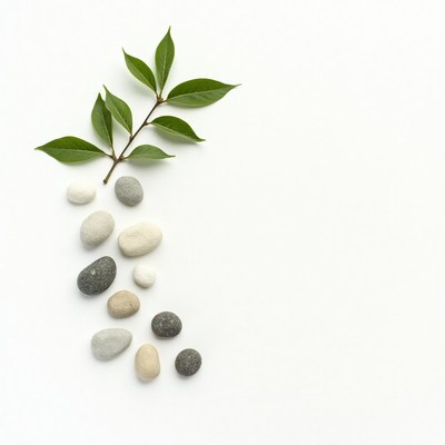 Ceramic stones and green leaves on white backdrop