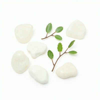 White stones and green leaves on a flat surface
