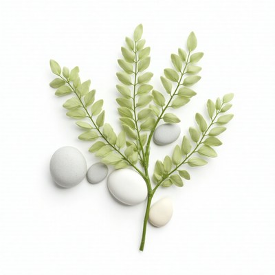 Green leaves and smooth stones arranged in a minimal style