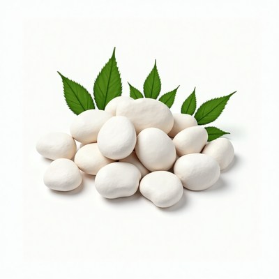 White stones and green leaves on a light backdrop