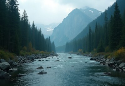 Serene river flows through misty mountain valley