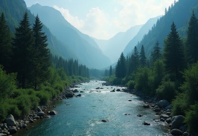 Serene river flowing through misty mountains at dawn