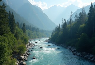 Majestic river flows through lush green valley at dawn