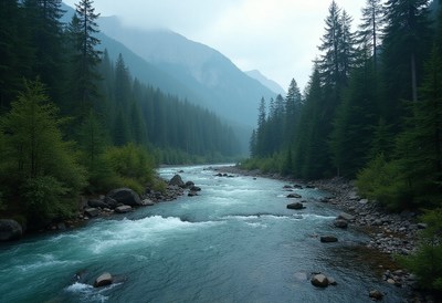 River flows through misty forest in morning light