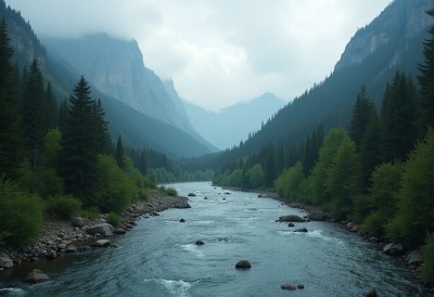 Misty river flows through rocky mountain valley