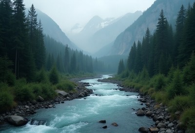 Serene river winding through misty mountain valley