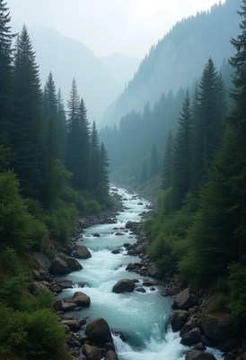 Serene river flows through misty mountains and pine trees