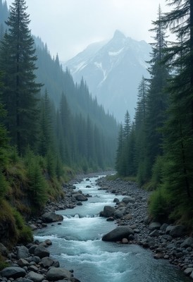 Mountain river winding through thick forest