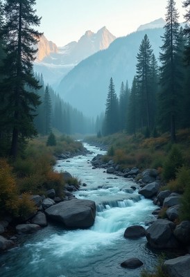 Flowing river through mountainous forest landscape at dawn