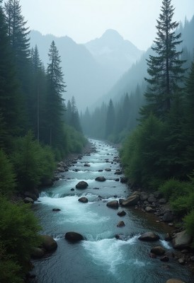 Misty river flowing through a dense forested valley
