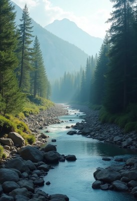 Serene river flowing through misty forest landscape