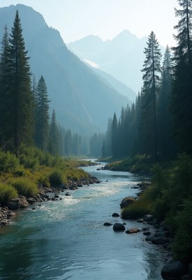 Peaceful river flowing through mountainous forest landscape