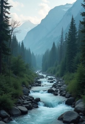 Serene river flowing through a misty mountain valley
