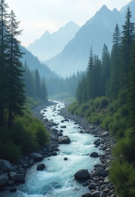 Mountain river flows through misty forest valley