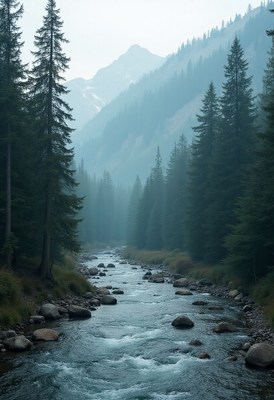 Calm river flows through misty forest landscape