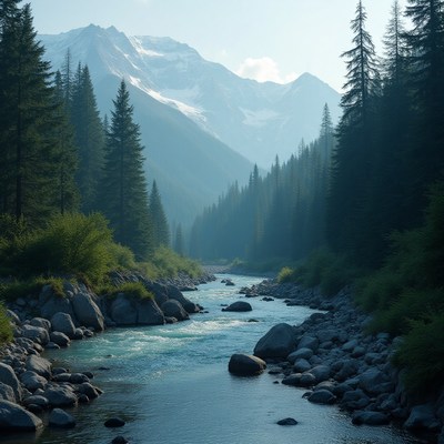 Mountains and river create tranquil landscape at dawn