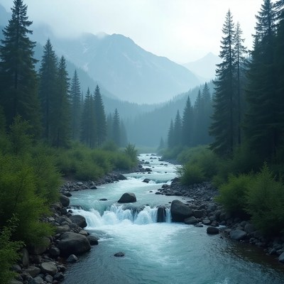 Mountain river flows through dense forest under foggy skies
