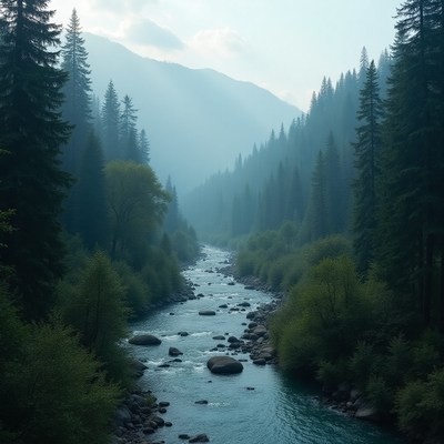 Serene river flows through misty evergreen mountains
