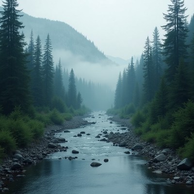 Misty river winding through a dense forest in the mountains