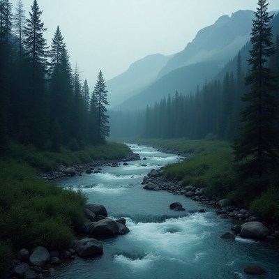 Misty river flows through serene mountain landscape at dusk