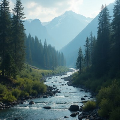 Majestic river flowing through a serene mountain valley