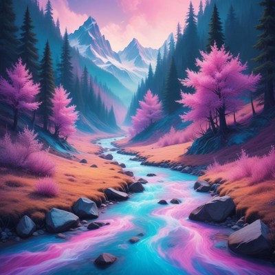 Majestic river flows through vibrant pink landscape