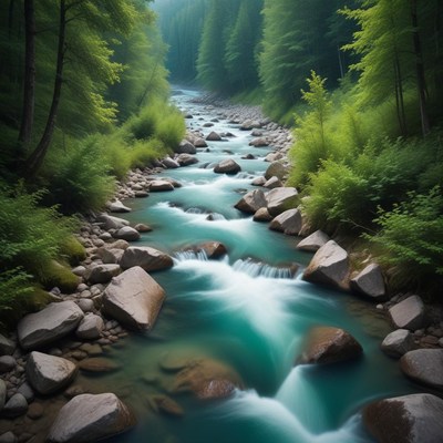 Serene river flowing through a lush green forest