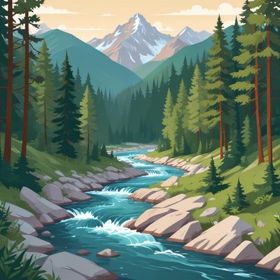 Serene mountain landscape with flowing river and trees