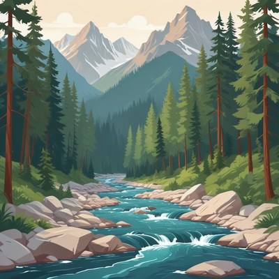 Majestic mountains and river in a serene forest landscape
