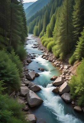 Tranquil river flowing through lush green valley