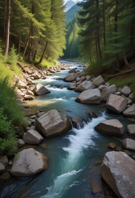 Serene mountain stream flows through lush forest