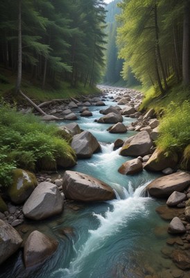 Serene river flows through lush green forest