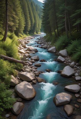 Bubbling blue river flowing through lush green forest