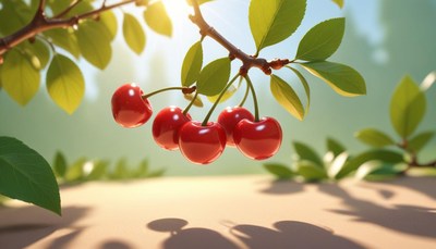 Bright red cherries hang on a tree branch in sunlight