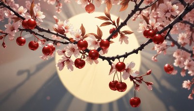 Cherry blossoms bloom with red fruit under glowing moon