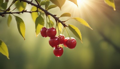 Fresh cherries hanging on tree branch at sunset