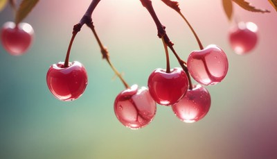 Fresh cherries glisten on branches in bright sunlight