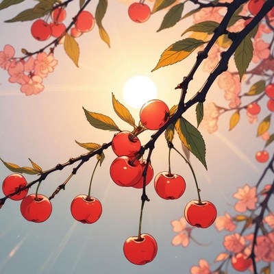 Cherry blossoms and ripe cherries against a bright sky