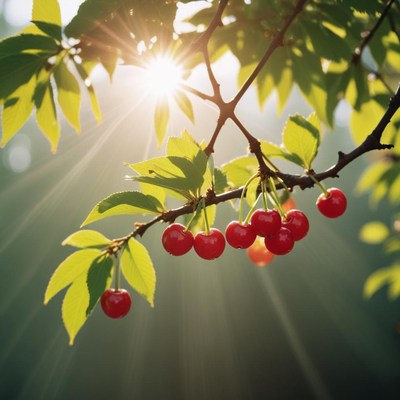 Cherry tree branch with ripe fruit in sunlight