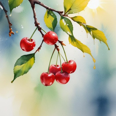 Cherry branch with ripe fruit and bright leaves