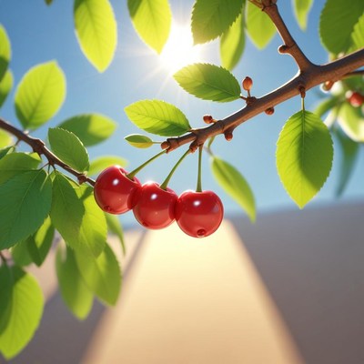 Ripe cherries hanging on a branch under the sun