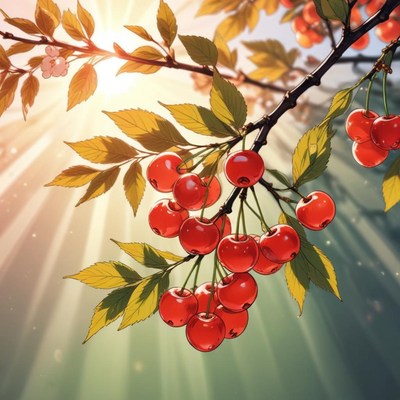 Bright cherries hanging in a sunlit orchard