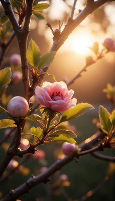Pink flower blooms at sunset in the garden