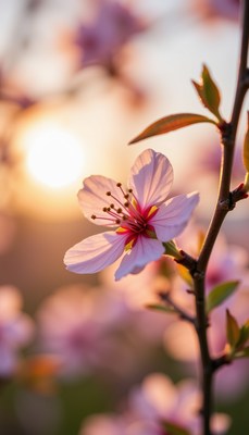 Delicate pink flower close-up during sunset