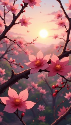 Sunset cherry blossoms create a serene vibe