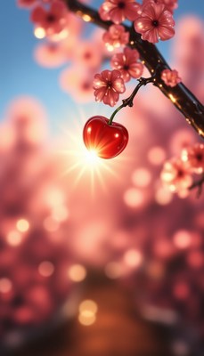 Cherry blossom with ripe cherry in golden sunlight