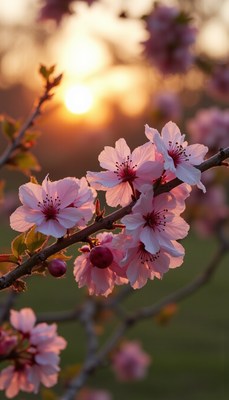 Blossoming cherry flowers under a sunset sky