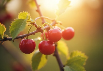 Fresh cherries glistening in the warm afternoon sunlight
