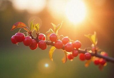Sunlight shines on vibrant red berries at sunset